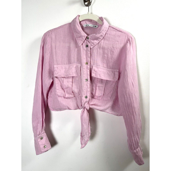 Zara Tops - Zara Baby Pink Button Up Tie Front Crop Top Preppy Pastel Classic Valentine S